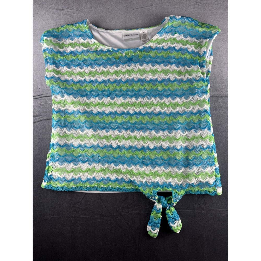 Alfred Dunner Petite PM Blue Green Lace Tie Front Sequin Sleeveless Top Blouse